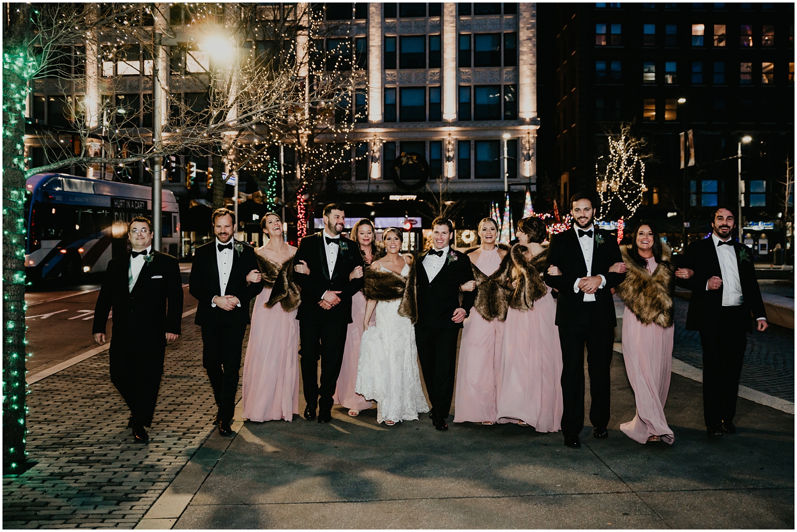 Bridal Party Portraits with Christmas Lights